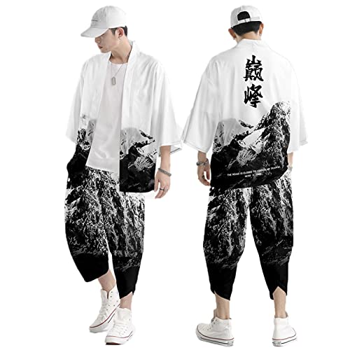 WYUKN Conjunto de Kimono Tradicional,Hombre Mujer Chaqueta Kimono Cárdigan，Pantalones Harem Conjunto de Manga 3/4 -Traje Calle Deportivo con Samurái Japonés,White2-XL