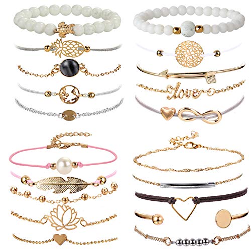 YADOCA 20 Piezas Conjunto Pulseras para Mujer Niña Múltiple Pulsera Lotus Infinito Piña Mapamundi Brazalete Ajustable Pulsera Bolas Joyas Pulseras Boho Regalos