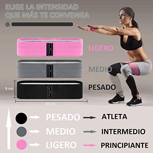 Yicente Bandas Resistencia Elasticas Fitness Bandas de Resistencia para Piernas 3 Niveles Cintas Elásticas de Tela Set de 3 Bandas Antideslizantes para Yoga Musculación con Bolsa Guía Ejercicio