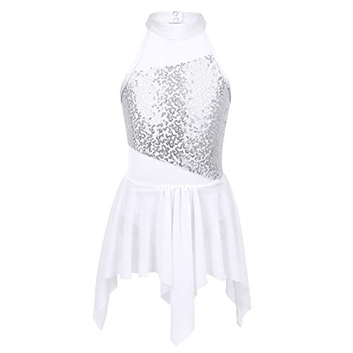 YiZYiF Vestido Patinaje Artístico Niñas Maillot Ballet Gimnasia Rítmica Competición Falda Irregular Vestido Danza con Lentejuelas Traje Bailarina Leotardo 6-14 Años Blanco 12 años