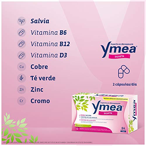 Ymea Silueta| Tratamiento de la Menopausia | Doble acción - Control de Sofocos y Control de la Silueta | Apto para Uso Prolongado | Sin Estrogenos, Soja o Consevantes| 64 cápsulas | Tratamiento 1 mes