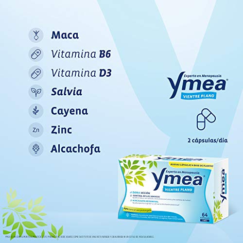 Ymea Vientre Plano Pack, Tratamiento de la Menopausia, Control de Sofocos y Alivia el Hinchazón Abdominal, Sin Estrogenos, Soja o Consevantes, Tratamiento 2 Meses, Azul, 128 Unidades