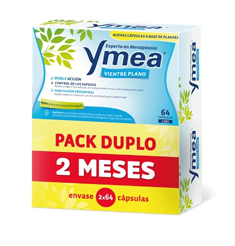 Ymea Vientre Plano Pack, Tratamiento de la Menopausia, Control de Sofocos y Alivia el Hinchazón Abdominal, Sin Estrogenos, Soja o Consevantes, Tratamiento 2 Meses, Azul, 128 Unidades