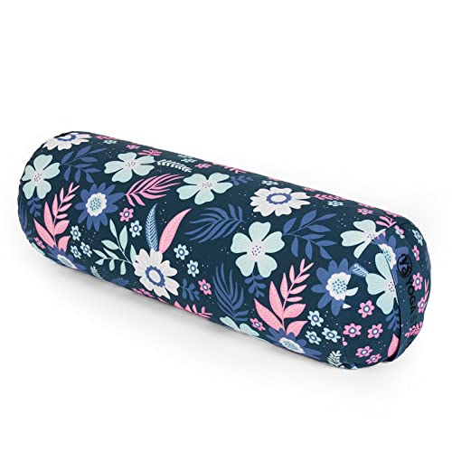 Yoga Studio Bolster de trigo sarraceno orgánico diseñado – 23 cm x 61 cm alforfón yoga con flores azules, ligero Bolster, funda de algodón orgánico