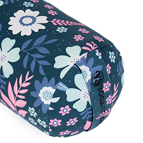 Yoga Studio Bolster de trigo sarraceno orgánico diseñado – 23 cm x 61 cm alforfón yoga con flores azules, ligero Bolster, funda de algodón orgánico