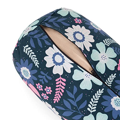 Yoga Studio Bolster de trigo sarraceno orgánico diseñado – 23 cm x 61 cm alforfón yoga con flores azules, ligero Bolster, funda de algodón orgánico