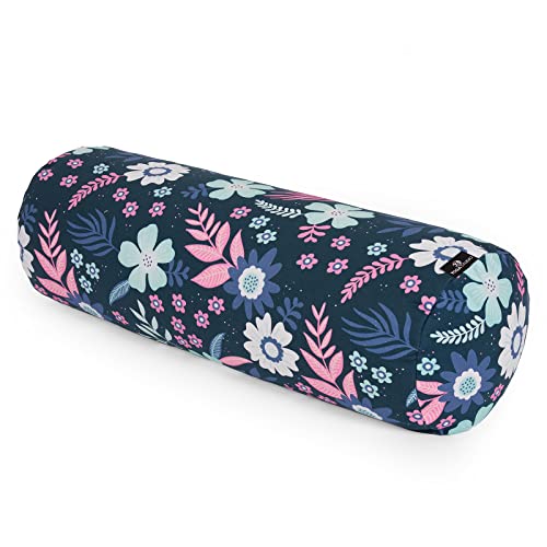 Yoga Studio Bolster de trigo sarraceno orgánico diseñado – 23 cm x 61 cm alforfón yoga con flores azules, ligero Bolster, funda de algodón orgánico