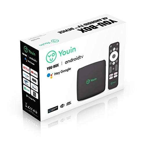 You-Box, Android 10.0 TV Box 4K UHD de Youin, 8GB ROM ampliable a 32GB, HDMI 2.1, Bluetooth 4.2, Dual band Wi-Fi, Ethernet 100 Mbps, Chromecast built-in y control por voz Hey Google