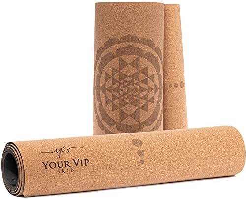 YOUR VIP SKIN® – Esterilla Yoga Corcho – Colchoneta Deporte Antideslizante Ecológica Natural Sostenible con caucho (sin TPE) – Yoga, Pilates, Fitness con cuerda de transporte - Shri Yantra