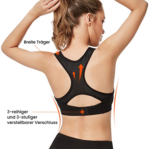 Yvette Sujetador Deportivo con Soporte Fuerte Pechos Grandes Racer Back Corpiño Acolchado inalámbrico para Fitness Jogging Yoga, Negro