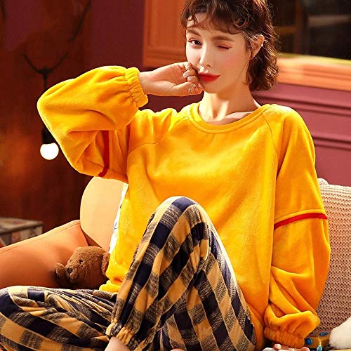 ZHRDRJB Conjunto De Pijamas para Mujeres,Otoño Invierno Cálido Pijamas Conjuntos De Mujeres Lindo Amarillo Plaid Pijama Ropa De Dormir Manga Larga Franela Mujer Homewear Grueso Traje Casero,M