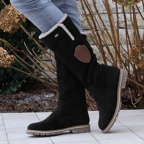 Zilosconcy Botas Altas Mujer Botas de Nieve Zapatos Calientes Zapatos de Tacón Bajo Botas Hasta La Rodilla Retro Cremallera Lateral Elegantes Botas Largas Algodón Casual Fiesta Moda Zapatos Planos