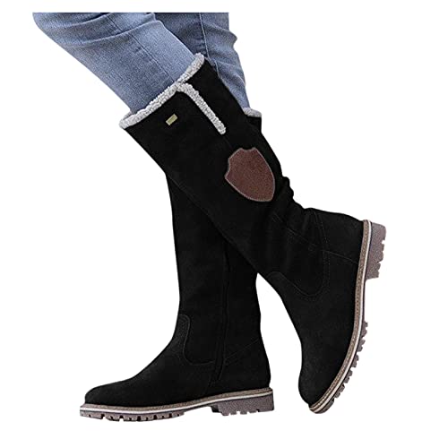 Zilosconcy Botas Altas Mujer Botas de Nieve Zapatos Calientes Zapatos de Tacón Bajo Botas Hasta La Rodilla Retro Cremallera Lateral Elegantes Botas Largas Algodón Casual Fiesta Moda Zapatos Planos