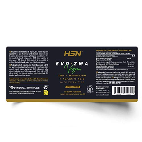 ZMA Zinc Magnesio Vitamina B6 de HSN Evozma | 120 Cápsulas Vegetales | Eleva los Niveles de Testosterona 100% Natural | Con Ácido Aspártico y Vitamina B6 | No-GMO, Vegano, Sin Gluten