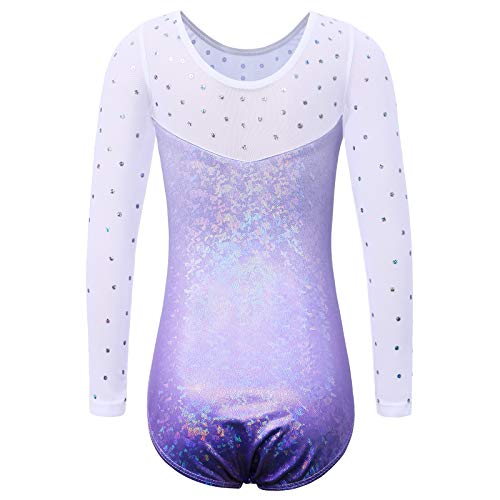 ZNYUNE Niña Maillots de Gimnasia Mangas Largas con Lentejuelas en Tul 268 Morado 10A