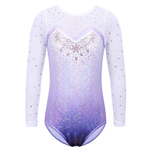 ZNYUNE Niña Maillots de Gimnasia Mangas Largas con Lentejuelas en Tul 268 Morado 10A