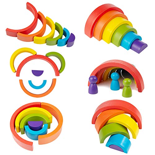 ZWOOS Bloques de Madera Arcoíris 6Pcs Arco Iris Madera y 6pcs Gente Pequeña Diseño de Arco Apilador de Arco Iris de Madera Geometría Bloques de Construcción para Niños Niño Niña