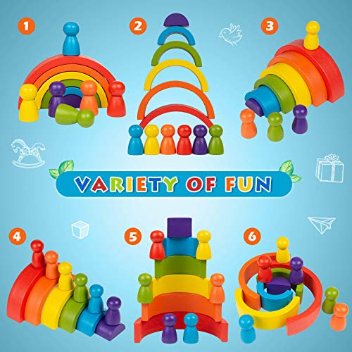 ZWOOS Bloques de Madera Arcoíris 6Pcs Arco Iris Madera y 6pcs Gente Pequeña Diseño de Arco Apilador de Arco Iris de Madera Geometría Bloques de Construcción para Niños Niño Niña