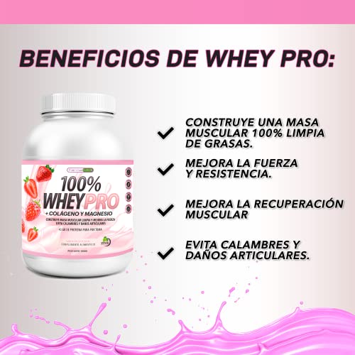 100% Whey Protein con Colágeno y Magnesio | 43Gr. de Proteína Pura por toma 0% Azúcares | Aumenta el crecimiento muscular y tonifica los músculos | Protege y lubrica Articulaciones | 1000g (Fresa)