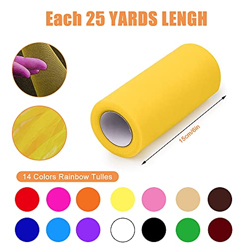 14 Colores Rollos de Tul 6 Pulgadas X 25 Yardas Rollo de Tela de Tul Arcoíris para Envolver Regalos Bricolaje Tutú Falda de Banquete Regalo Arco Artesanía Decoraciones para Banquetes de Boda