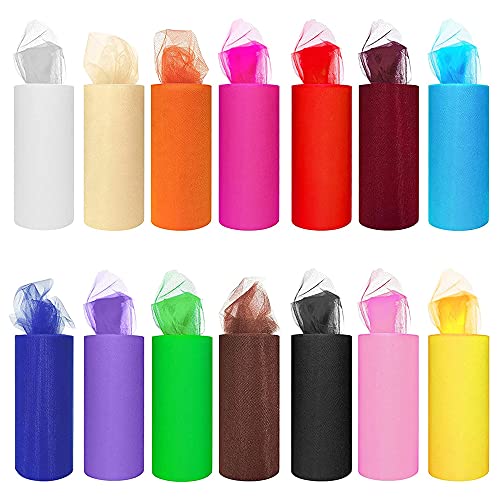 14 Colores Rollos de Tul 6 Pulgadas X 25 Yardas Rollo de Tela de Tul Arcoíris para Envolver Regalos Bricolaje Tutú Falda de Banquete Regalo Arco Artesanía Decoraciones para Banquetes de Boda