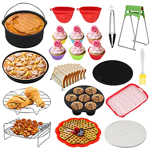 16PCs Accesorios para Freidora de Aire de 4.5QT-6.8QT Accesorios para Friedoras sin Aceite de 8 Pulgadas Kit de Accesorios con Plato Redondo de Pastel Molde Soporte para Barbacoa