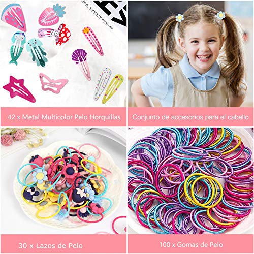 172pcs Accesoris de Pelo para Niña, 42pcs Clips Pelo Bebe Niña y 130pcs Gomas Pelo Niña, Pinzas de Pelo Horquillas para Niña Bebe Infantiles (A)