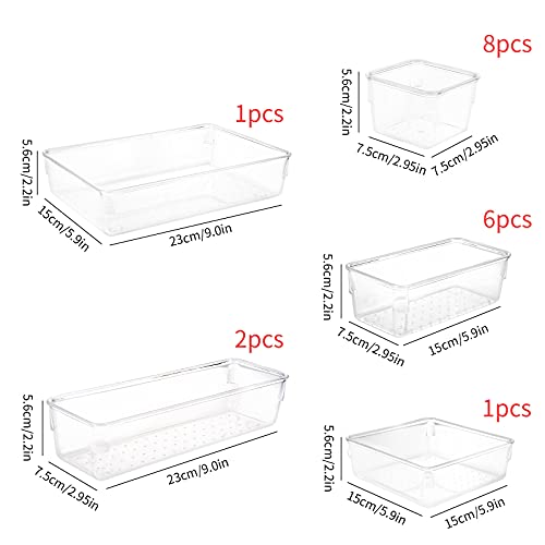 18 PCS Cajas Organizador de Cajón Plástico,Aokyom Organizadores Transparentes para Cajones Cajas Bandejas de Plástico Transparente Apilables Almacenamiento para Cajones,Escritorio,Baño,Maquillaje