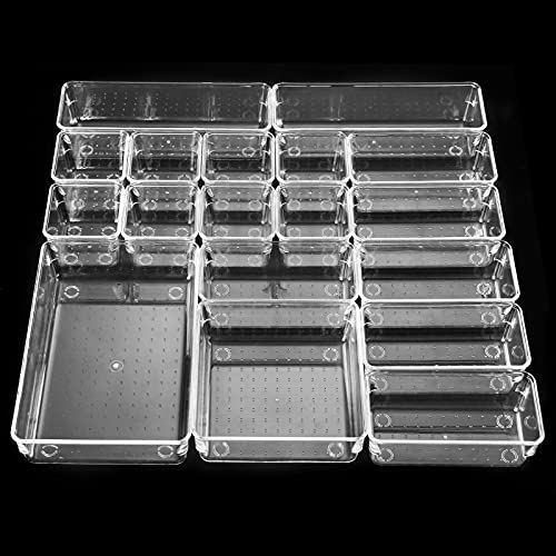 18 PCS Cajas Organizador de Cajón Plástico,Aokyom Organizadores Transparentes para Cajones Cajas Bandejas de Plástico Transparente Apilables Almacenamiento para Cajones,Escritorio,Baño,Maquillaje