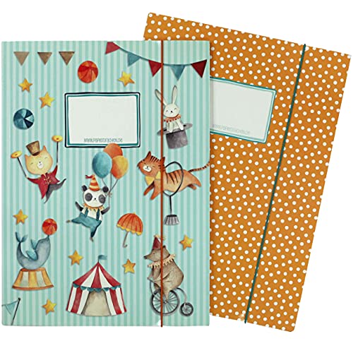 2 carpetas escolares para niños DIN A4 | motivo circo - carpeta de correo para alumnos de primaria - coleccionista de cuadernos - grapadora de silla de montar - juego número 3