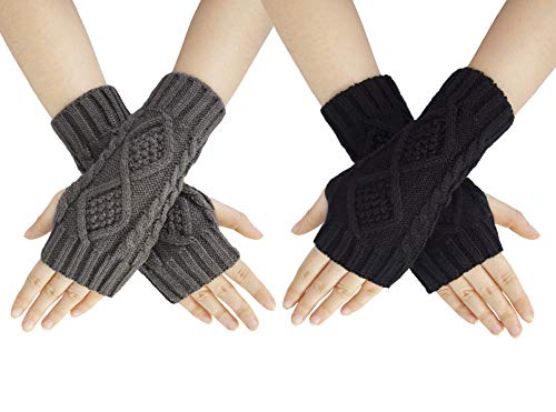 2 Pares Guantes de Invierno para Mujeres, Mitones de punto caliente Manoplas Guantes de Mitad de Dedos