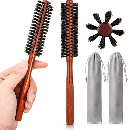 2 Piezas Cepillos de Pelo Redondo Pequeño Mini Cepillo de Barba de Cerdas para Hombres Mujeres con 2 Piezas Bolsas de Cordón para Cabello Fino o Corto