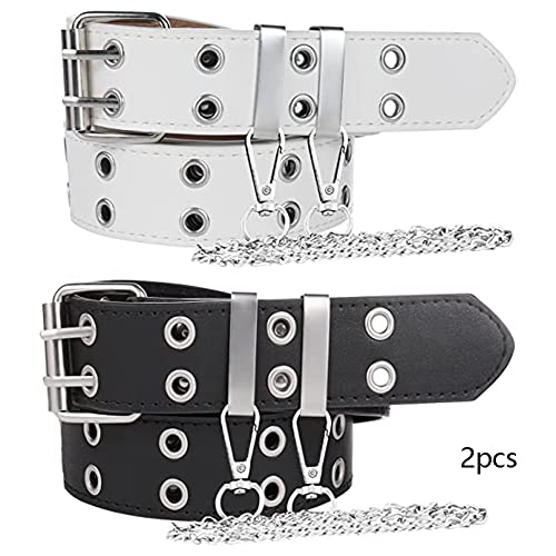 2 Piezas Cinturón Punk, Cinturón De Doble Ojal, Piel Pu Cinturón Punk, con Cadena Desmontable, Uso Cómodo para Jeans, Rock, Fiesta, Cosplay (Blanco y Negro)