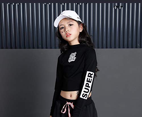 2 Piezas Niñas Trajes de Hip Hop, Chicas Camiseta, Pantalones de Chándal Conjunto de Ropa, Negro, 150