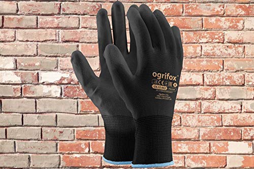 24 pares de guantes de trabajo de nailon negro revestidos de poliuretano Para jardinería, construcción y mecánica, con adhesivo redondo AJS LTD® (L-9).