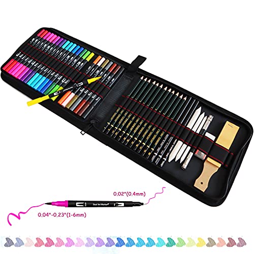 24 Rotuladores Doble Punta Fina Acuarelables y 21Pcs Profesional Dibujo de Arte y Lápiz Dibujo Conjunto de Lápiz de Carbón,Rotuladores Permanentes de Colores para Arte Dibujo,Incluye Grande Caja lápiz