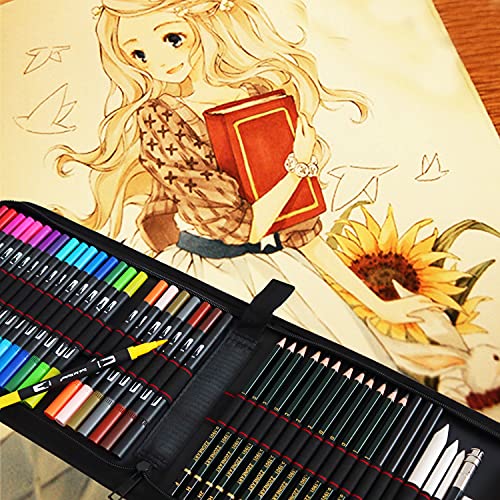 24 Rotuladores Doble Punta Fina Acuarelables y 21Pcs Profesional Dibujo de Arte y Lápiz Dibujo Conjunto de Lápiz de Carbón,Rotuladores Permanentes de Colores para Arte Dibujo,Incluye Grande Caja lápiz