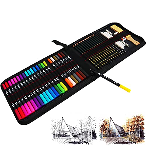 24 Rotuladores Doble Punta Fina Acuarelables y 21Pcs Profesional Dibujo de Arte y Lápiz Dibujo Conjunto de Lápiz de Carbón,Rotuladores Permanentes de Colores para Arte Dibujo,Incluye Grande Caja lápiz