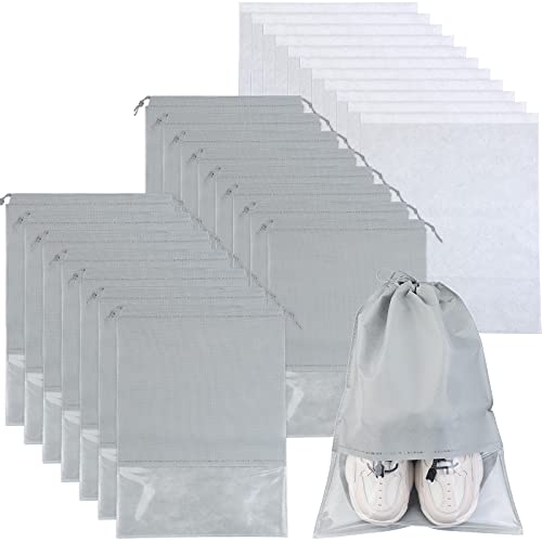 25 Bolsas de Almacenamiento de Zapatos Bolsa con Cordón a Prueba de Polvo Bolsa de Zapatos No Tejida Impermeable Portátil con Ranura Transparente Organizador de Embalaje (Gris, Blanco)