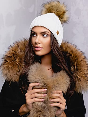 4sold para Mujer Invierno Más Cálido Sombrero Gorra with Large Pom Pom de la Bola Gorra Tejida Gorra Grande Snowboard Ski Bobble Circle Little Crystals (Ecru)