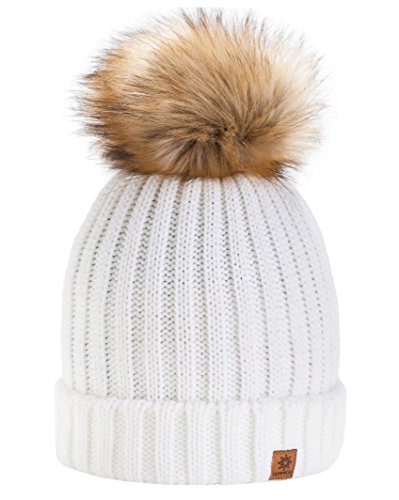 4sold para Mujer Invierno Más Cálido Sombrero Gorra with Large Pom Pom de la Bola Gorra Tejida Gorra Grande Snowboard Ski Bobble Circle Little Crystals (Ecru)