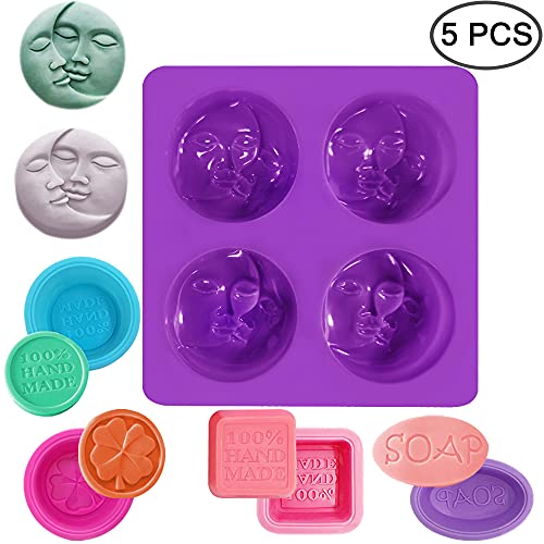 5 moldes de jabón de silicona para hacer jabón, AIFUDA 4 cavidades Sun & Moon Face Jabón, suministros para hacer jabón, molde para hornear para bricolaje loción casera, barra de chocolate y pan