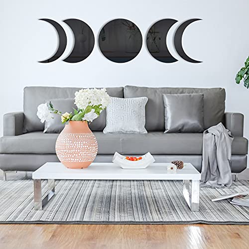 5 X Pegatinas de Pared Espejo, XiXiRan Espejos Pared Luna Decorativas 3D, Moonphase - Espejo Decorativo, Negro Adhesivos Espejo Boho, Salón Dormitorio Hogar Oficina DIY Pegatina