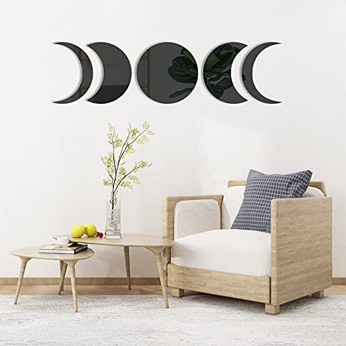 5 X Pegatinas de Pared Espejo, XiXiRan Espejos Pared Luna Decorativas 3D, Moonphase - Espejo Decorativo, Negro Adhesivos Espejo Boho, Salón Dormitorio Hogar Oficina DIY Pegatina