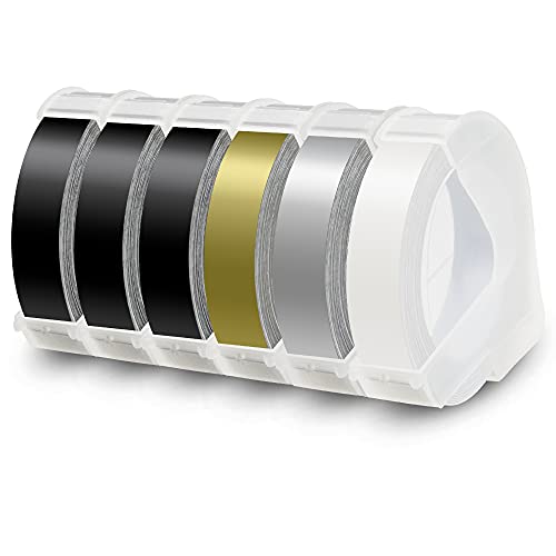 6x Labelwell 9mm x 3m Reemplazo de Etiqueta Compatible para Dymo 3D Cinta de Estampación Autoadhesiva para Dymo Organizer Xpress / Junior / Omega Motex E101, Blanco sobre Negro/Oro/Plata/Transparente