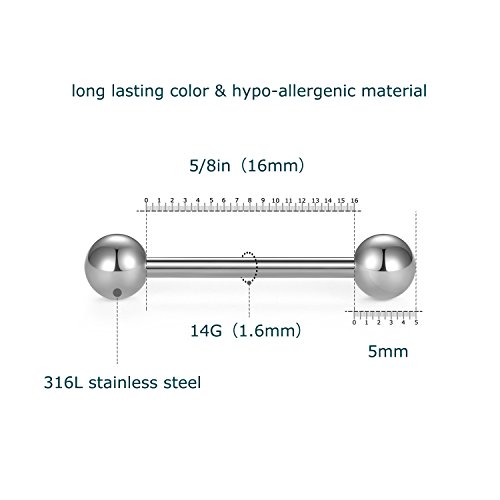 7 Piezas de Titanio anodizado Barras de Lengua de Acero quirúrgico pezón Anillo de perforación del Cuerpo - VCMART-16mm