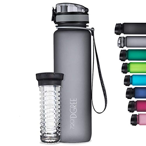 720°DGREE - Botella de agua "uberBottle" con recipiente de fruta, 1 l, sin BPA, para universidad, deportes, fitness, bicicleta, exterior, de Tritan, ligera, irrompible, sostenible