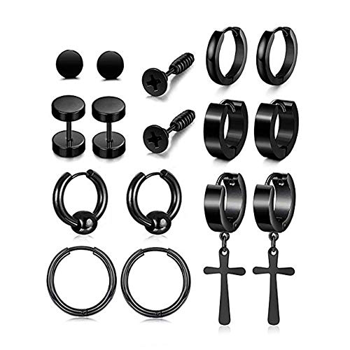 8 Pares de Aretes de Acero Inoxidable, Pendientes sin Alergias para Hombres,Pendiente de Botón de CZ Pendientesmujeres,Negro