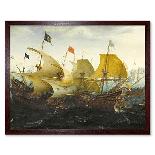 Aart Battle Cadiz Dutch English Ships Painting Art Print Framed Poster Wall Decor 12x16 Inch Batalla holand�s Embarcacion Pintura P�ster Pared