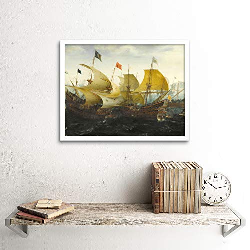 Aart Battle Cadiz Dutch English Ships Painting Art Print Framed Poster Wall Decor 12x16 Inch Batalla holand�s Embarcacion Pintura P�ster Pared